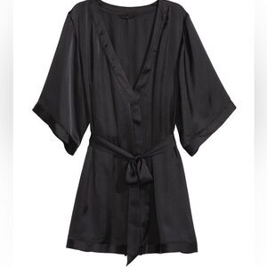 H&M SHORT BLACK SATIN BELTED LINGERIE BATH ROBE KIMONO M/L NEW